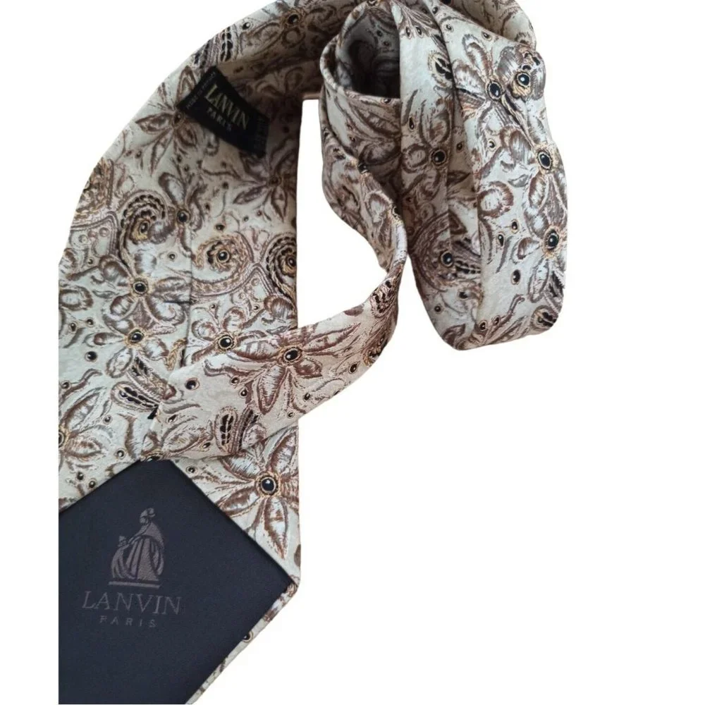 LANVIN Beige Floral Silk Tie FRANCE 58